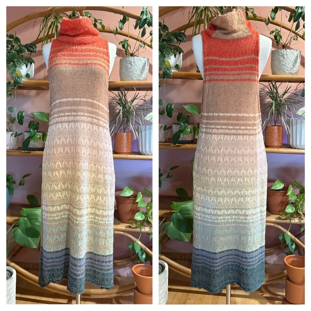 Free People Multicolor Knit Sleeveless Metallic Turtleneck Long Maxi Tunic Small